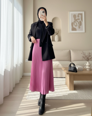 Pliseli Beli Lastikli Etek       -Pembe