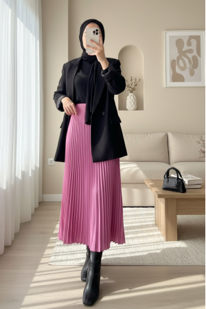 Pliseli Beli Lastikli Etek       -Pembe