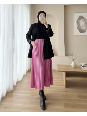 Pliseli Beli Lastikli Etek       -Pembe