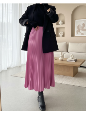 Pliseli Beli Lastikli Etek       -Pembe