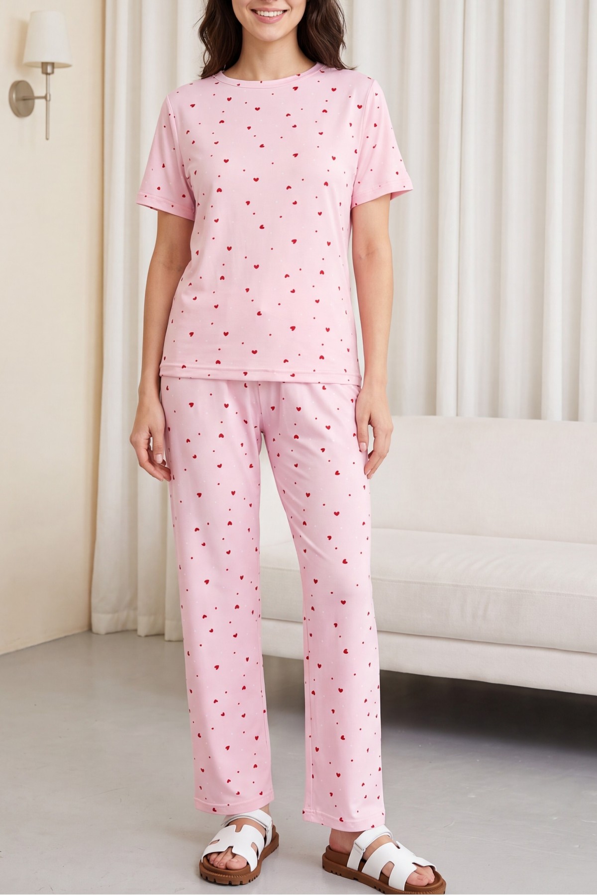 Kalp Desenli Bisiklet Yaka Kısa Kol Penye Pijama Takımı -Pembe