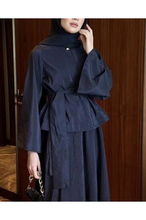 Knitted Suit with Single Button Top and Elastic Skirt -Navy blue