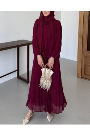 Yakası Fırfırlı Düğmeli Şifon Kraş Etekli Takım -Bordo