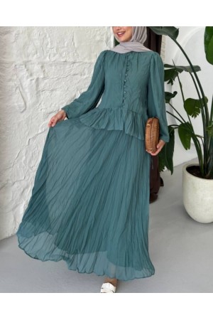 Yakası Fırfırlı Düğmeli Şifon Kraş Etekli Takım -Mint