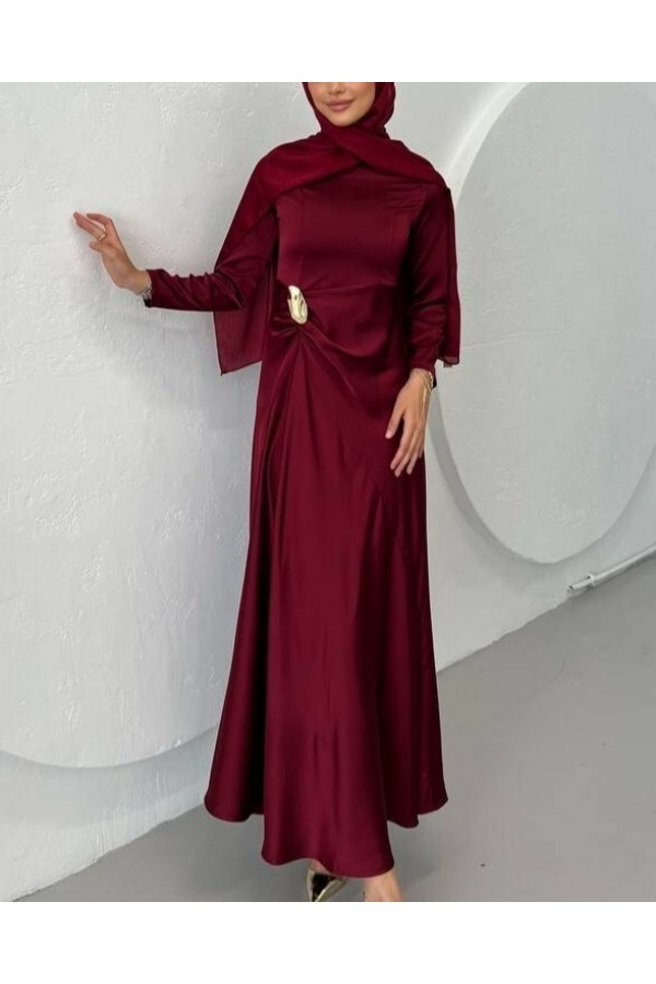 Draped Waist Plain Satin Dress -Maroon