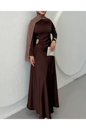 فستان ساتان سادة بخصر منسدل -بنى