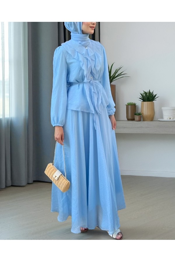 Two Piece  Suit  with  Elastic  Sleeves  Ruffled  Rope   Detail  and  Buttons -Baby Blue