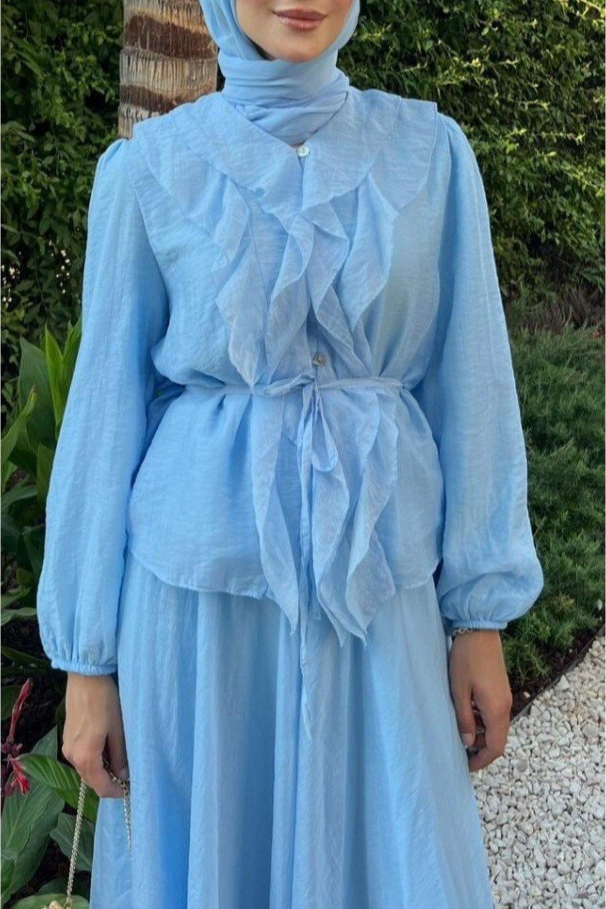 Two Piece  Suit  with  Elastic  Sleeves  Ruffled  Rope   Detail  and  Buttons -Baby Blue