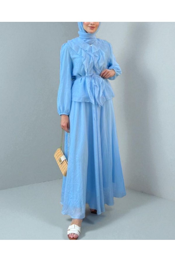 Two Piece  Suit  with  Elastic  Sleeves  Ruffled  Rope   Detail  and  Buttons -Baby Blue
