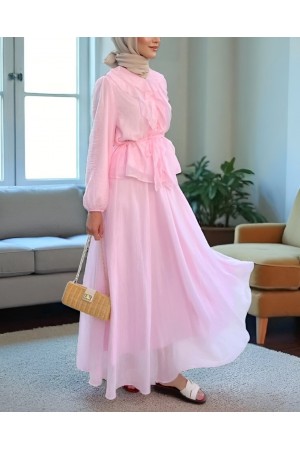 Kolları Lastikli Fırfırlı  İp Detaylı Düğmeli İkili Takım  -Pudra