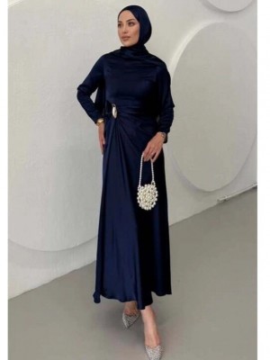 Beli Drapeli Düz Saten Elbise  -Laci