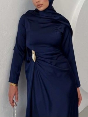 Beli Drapeli Düz Saten Elbise  -Laci