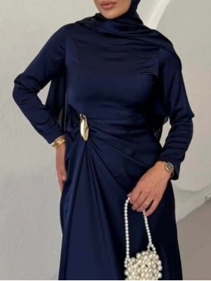 Beli Drapeli Düz Saten Elbise  -Laci