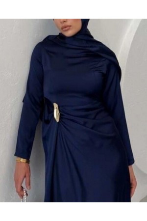 فستان ساتان سادة بخصر منسدل  -كحلي