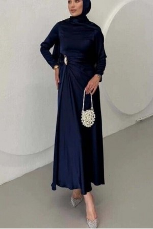فستان ساتان سادة بخصر منسدل  -كحلي