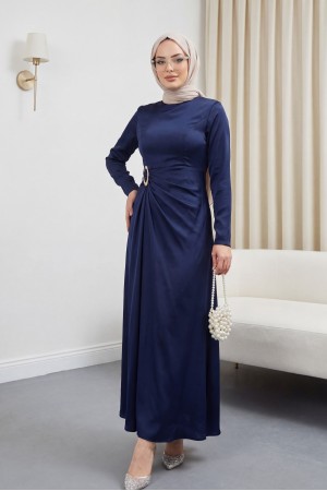 فستان ساتان سادة بخصر منسدل  -كحلي