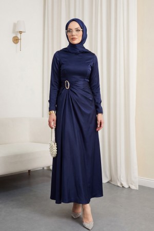 فستان ساتان سادة بخصر منسدل  -كحلي