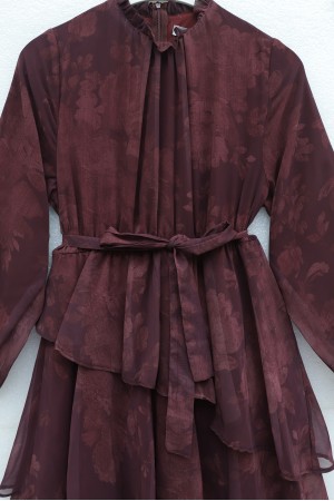 Yoryo Desenli Eteği Katlı Beli Bağcıklı Astarlı Şifon Elbise -Bordo