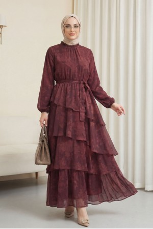 Yoryo Desenli Eteği Katlı Beli Bağcıklı Astarlı Şifon Elbise -Bordo