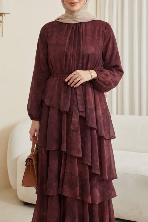 Yoryo Desenli Eteği Katlı Beli Bağcıklı Astarlı Şifon Elbise -Bordo
