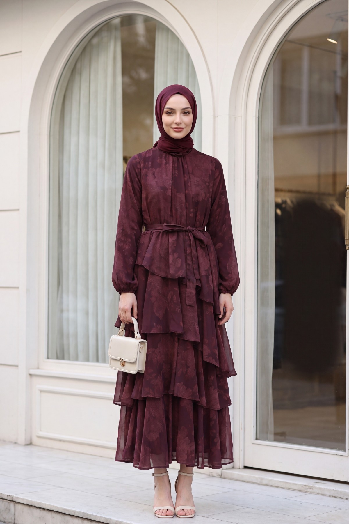 Yoryo Patterned Layered Skirt, Tie-Waist, Lined Chiffon Dress -Maroon detay görseli