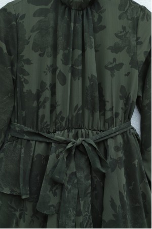 Yoryo Patterned Layered Skirt, Tie-Waist, Lined Chiffon Dress -Khaki