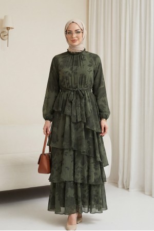 Yoryo Patterned Layered Skirt, Tie-Waist, Lined Chiffon Dress -Khaki