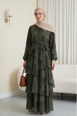 Yoryo Patterned Layered Skirt, Tie-Waist, Lined Chiffon Dress -Khaki