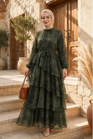 Yoryo Patterned Layered Skirt, Tie-Waist, Lined Chiffon Dress -Khaki