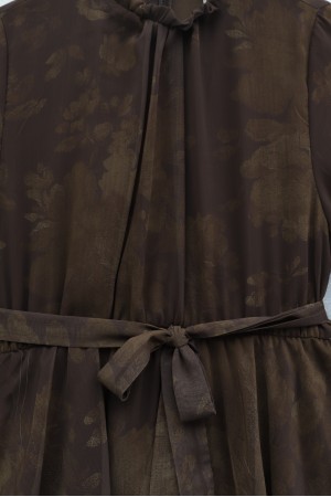 Yoryo Patterned Layered Skirt, Tie-Waist, Lined Chiffon Dress -Brown