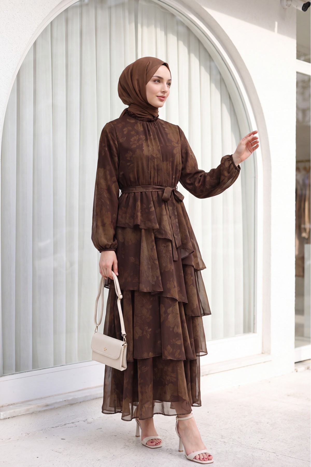 Yoryo Patterned Layered Skirt, Tie-Waist, Lined Chiffon Dress -Brown