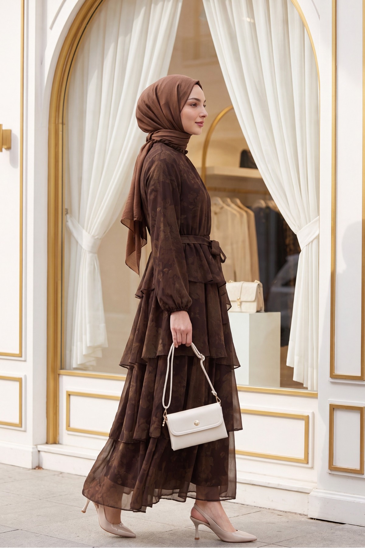Yoryo Patterned Layered Skirt, Tie-Waist, Lined Chiffon Dress -Brown