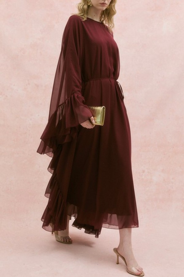 Asymmetrical Cut, Lace-Up Chiffon Abaya Dress Set with Ruffled Sides and Inner Lining -Maroon