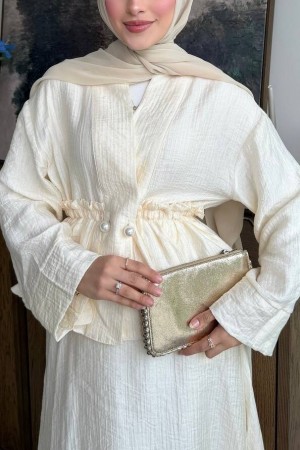 Tunnel Lace-Up Pearl Button Skirt Lined Tencel Muslin Set -Ecru