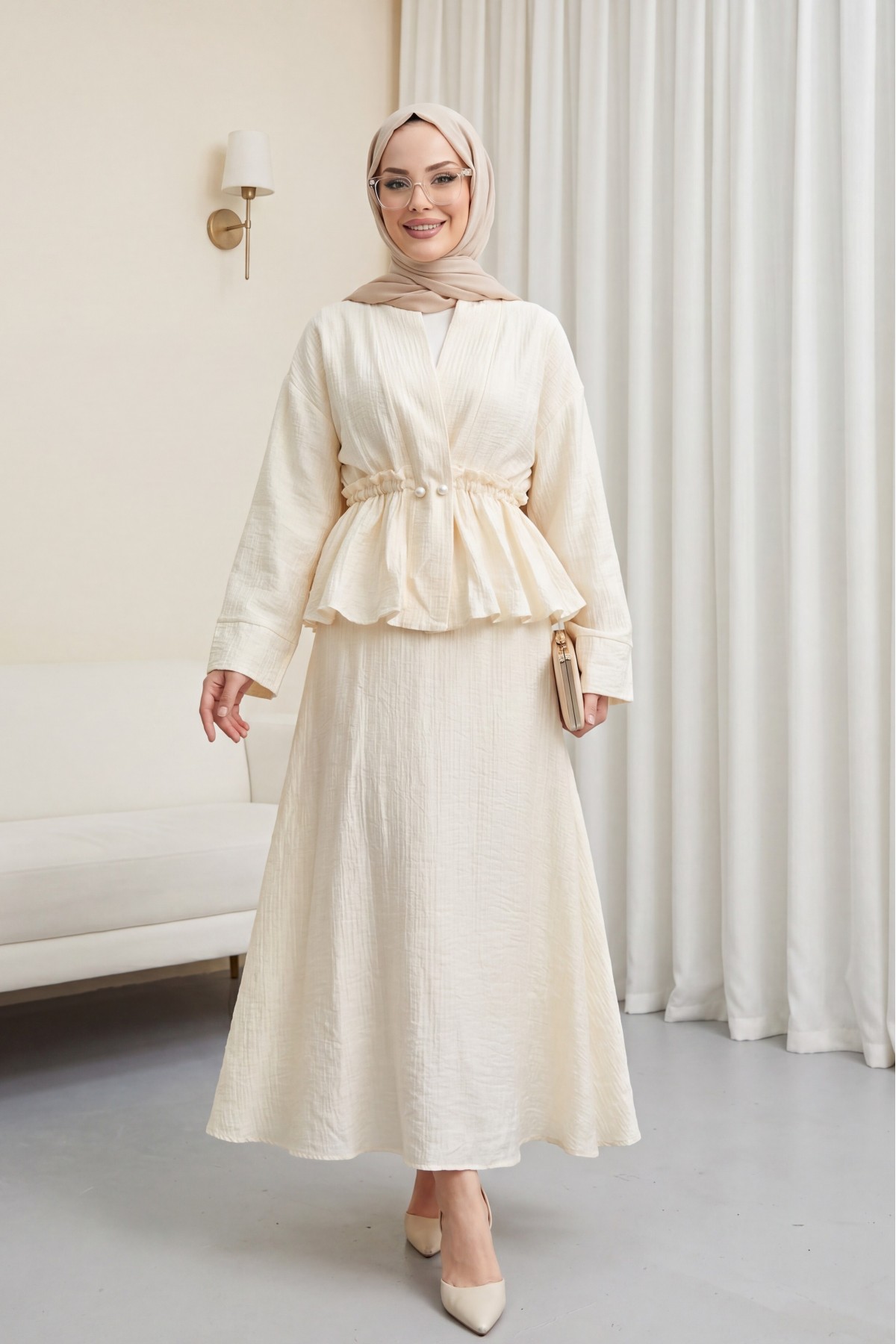 Tunnel Lace-Up Pearl Button Skirt Lined Tencel Muslin Set -Ecru