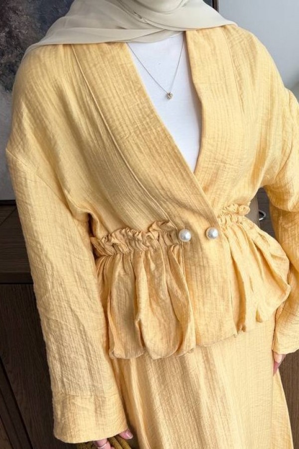 Tunnel Lace-Up Pearl Button Skirt Lined Tencel Muslin Set -Mustard