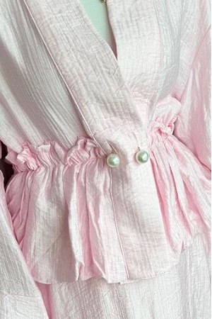 Tünel Bağcıklı İnci Düğmeli Eteği Astarlı Tensel Müslin Takım  -Pembe