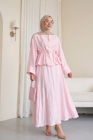 Tünel Bağcıklı İnci Düğmeli Eteği Astarlı Tensel Müslin Takım  -Pembe