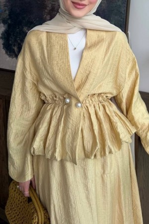 Tünel Bağcıklı İnci Düğmeli Eteği Astarlı Tensel Müslin Takım  -Sarı