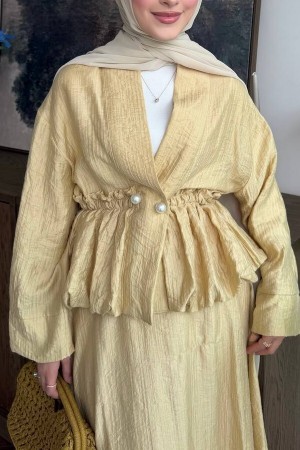 Tünel Bağcıklı İnci Düğmeli Eteği Astarlı Tensel Müslin Takım  -Sarı