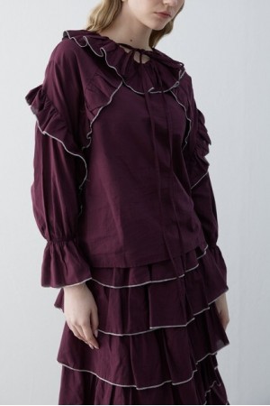 Eteği Kat Kat Yakası Bağlamalı Volanlı Biyeli Vual Takım  -Bordo