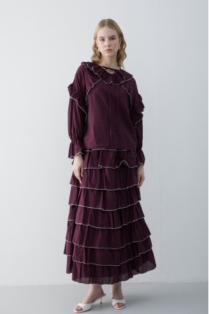 Eteği Kat Kat Yakası Bağlamalı Volanlı Biyeli Vual Takım  -Bordo