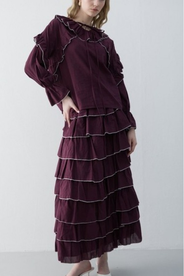 Layered Skirt, Tie-Neck, Ruffled, Piped Voile Set -Maroon