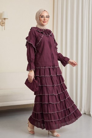 Eteği Kat Kat Yakası Bağlamalı Volanlı Biyeli Vual Takım  -Bordo