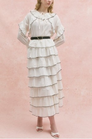 Eteği Kat Kat Yakası Bağlamalı Volanlı Biyeli Vual Takım  -Ekru