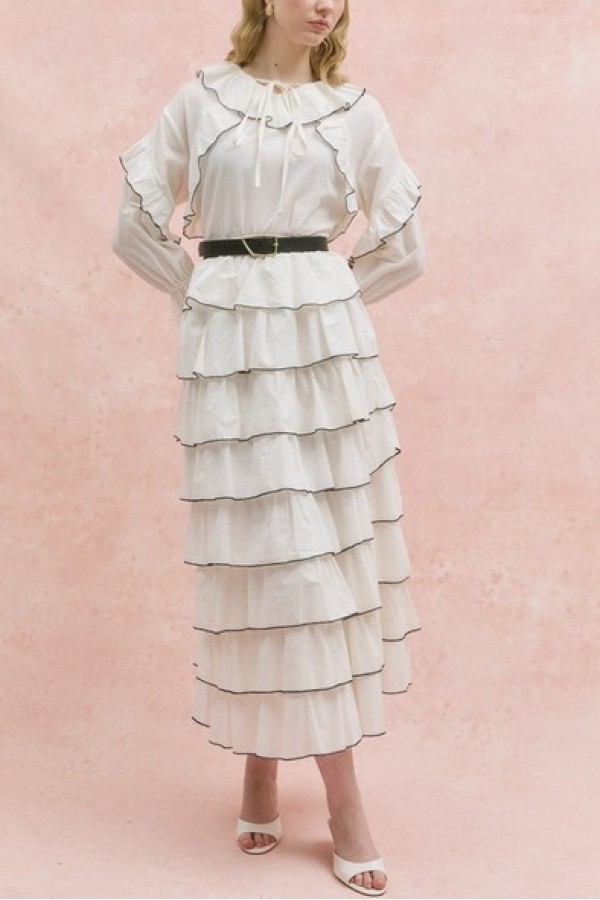 Layered Skirt, Tie-Neck, Ruffled, Piped Voile Set -Ecru