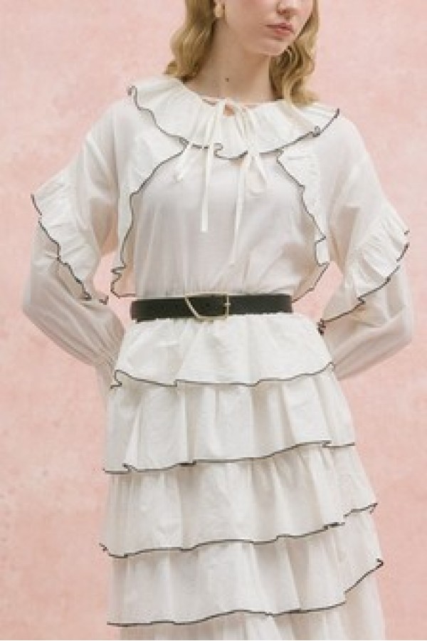 Layered Skirt, Tie-Neck, Ruffled, Piped Voile Set -Ecru