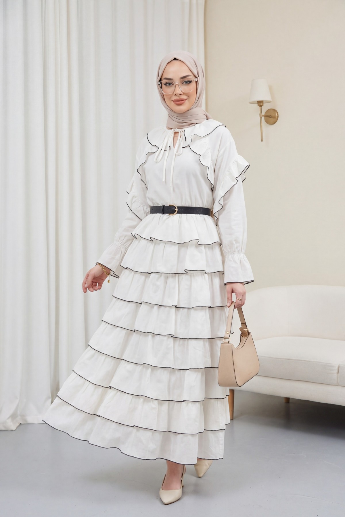 Layered Skirt, Tie-Neck, Ruffled, Piped Voile Set -Ecru