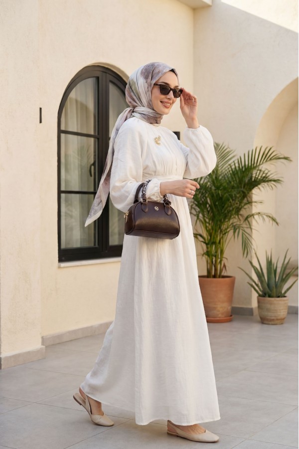 Belted, Elasticated Cuff, Brooch-Detailed, Lined, Linen-Look Dress -Ecru