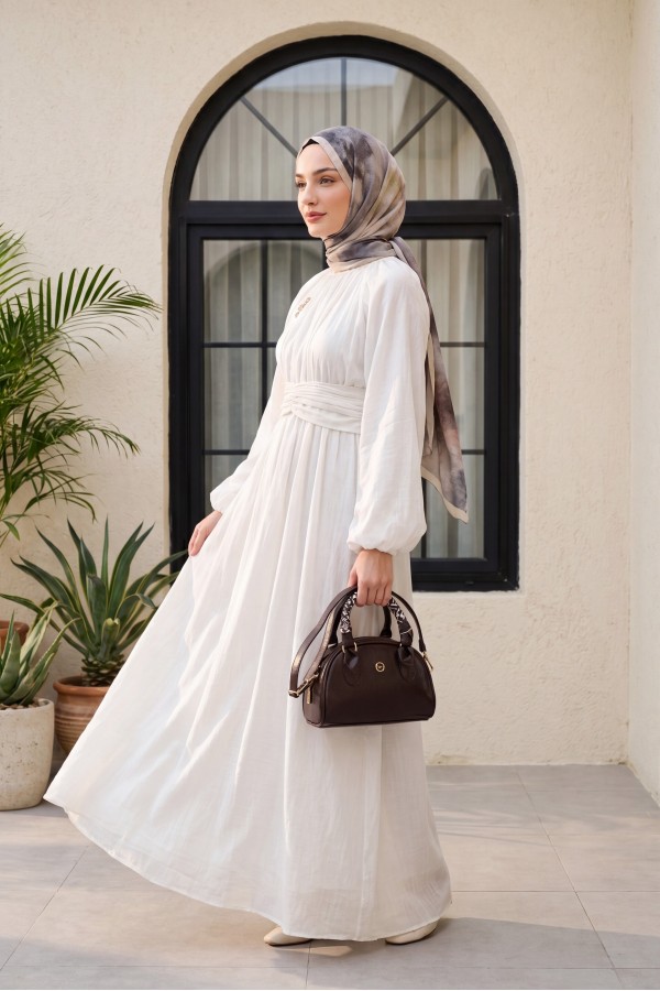 Belted, Elasticated Cuff, Brooch-Detailed, Lined, Linen-Look Dress -Ecru